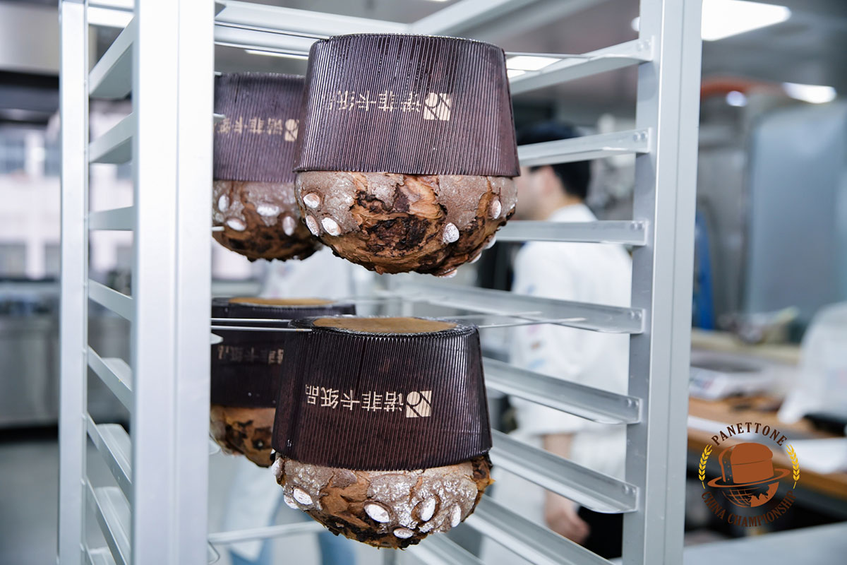 panettone resting upside down after baking in novacart baking molds