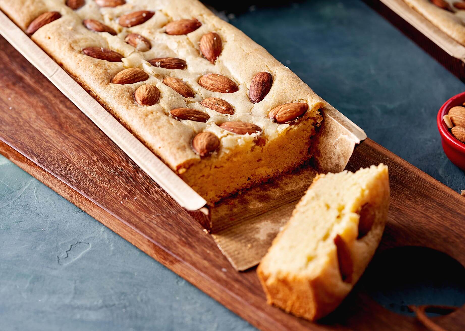 Almond and pecan plum cake in Novacart PM mold close up